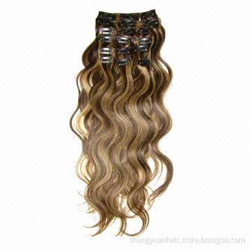 Clip-in Chinese Hair Extension, Wavy, Human Hair, Full Head Blonde Color